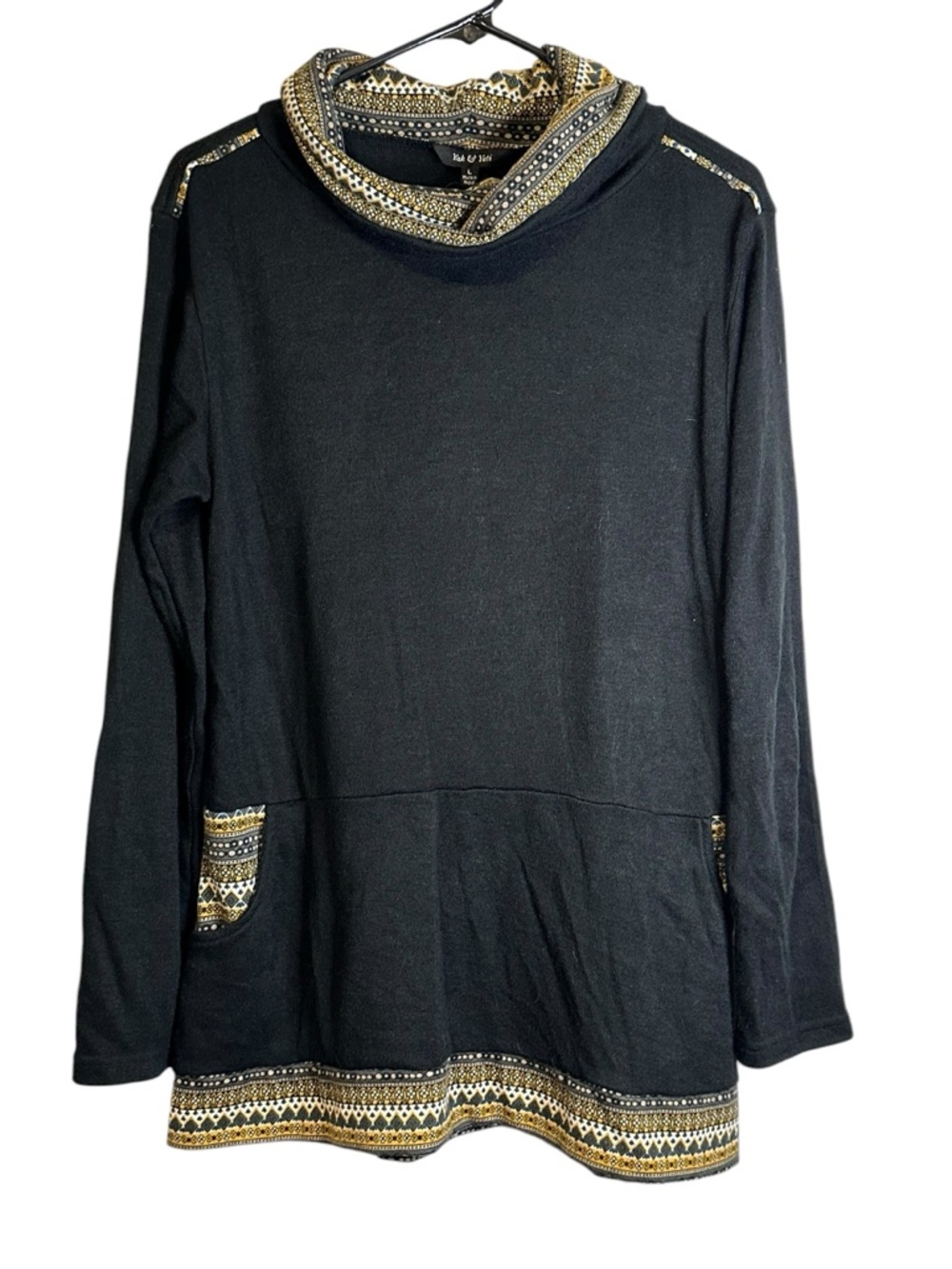 Yak & Yeti Cowl Neck Tunic Sweater Boho Fair Isle Pocket Black Gold Large L